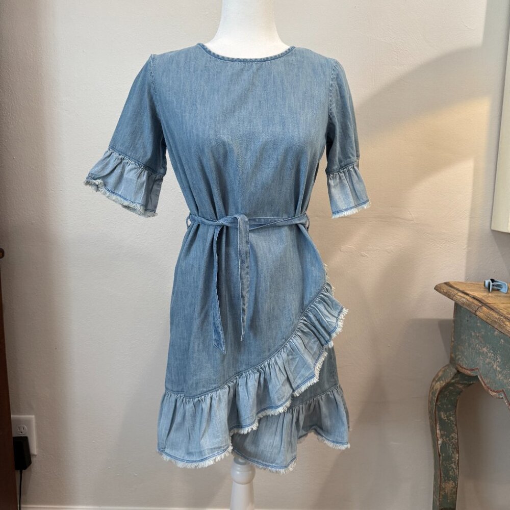 Blue & Blue New York Denim Wrap Dress with Ruffled Sleeves and Hem